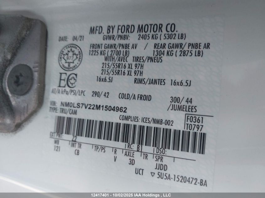 2021 Ford Transit Connect Xl VIN: NM0LS7V22M1504962 Lot: 12417401