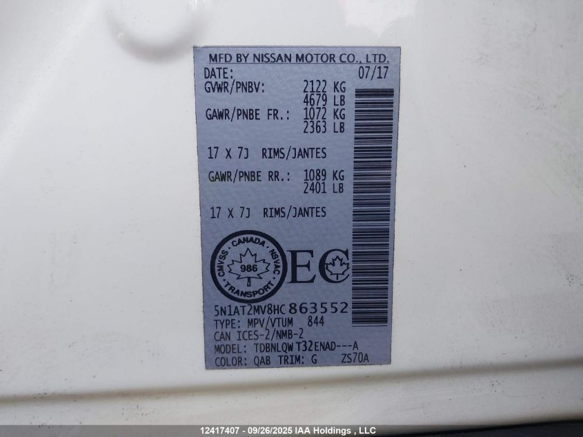 2017 Nissan Rogue Sv/Sl VIN: 5N1AT2MV8HC863552 Lot: 12417407