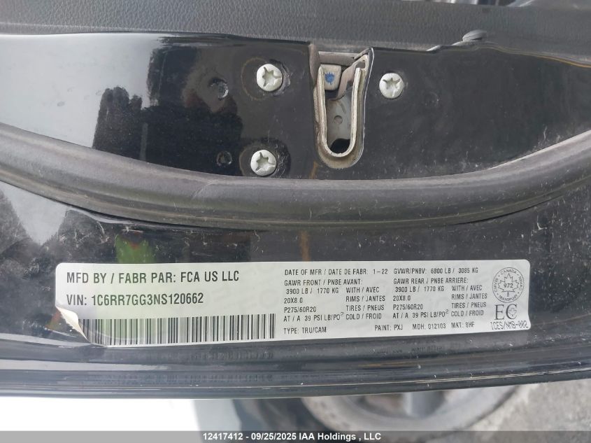 2022 Ram 1500 Classic Slt VIN: 1C6RR7GG3NS120662 Lot: 12417412