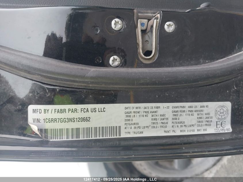 2022 Ram 1500 Classic Slt VIN: 1C6RR7GG3NS120662 Lot: 12417412