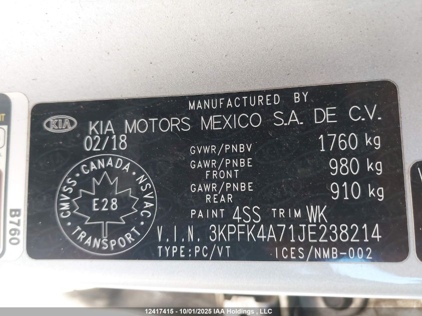 2018 Kia Forte VIN: 3KPFK4A71JE238214 Lot: 12417415