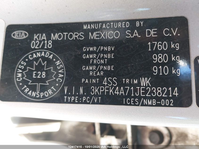 2018 Kia Forte VIN: 3KPFK4A71JE238214 Lot: 12417415