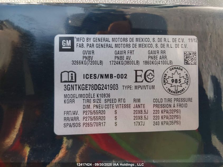 2013 Chevrolet Avalanche VIN: 3GNTKGE78DG241903 Lot: 12417424