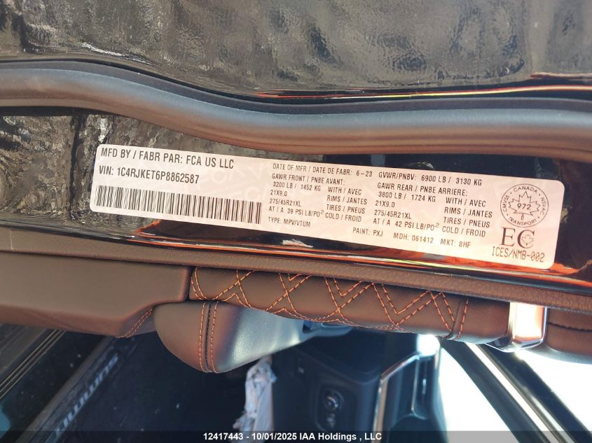 2023 Jeep Grand Cherokee L Summit Reserve VIN: 1C4RJKET6P8862587 Lot: 12417443