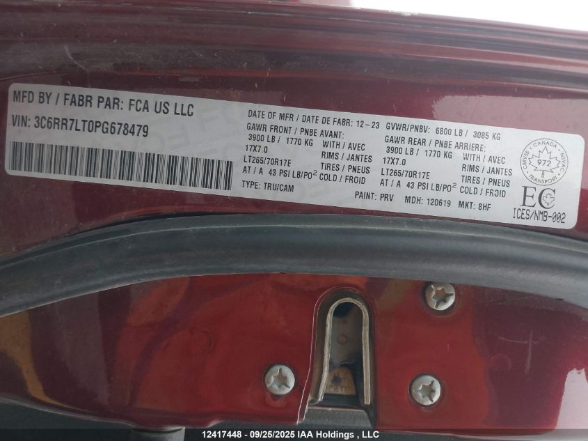 2023 Ram 1500 Classic Slt VIN: 3C6RR7LT0PG678479 Lot: 12417448