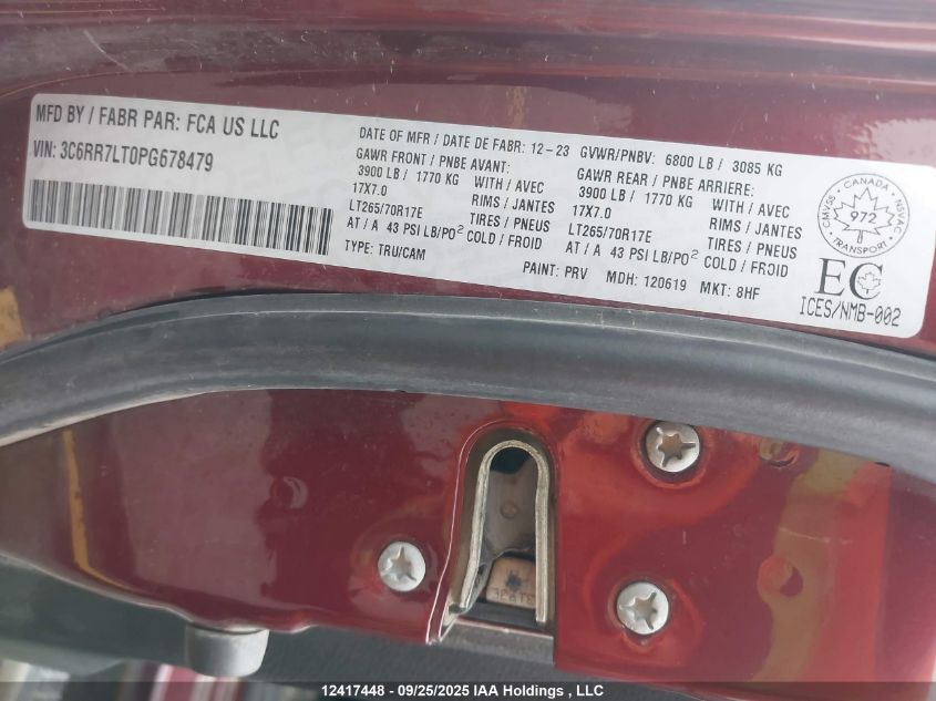 2023 Ram 1500 Classic Slt VIN: 3C6RR7LT0PG678479 Lot: 12417448