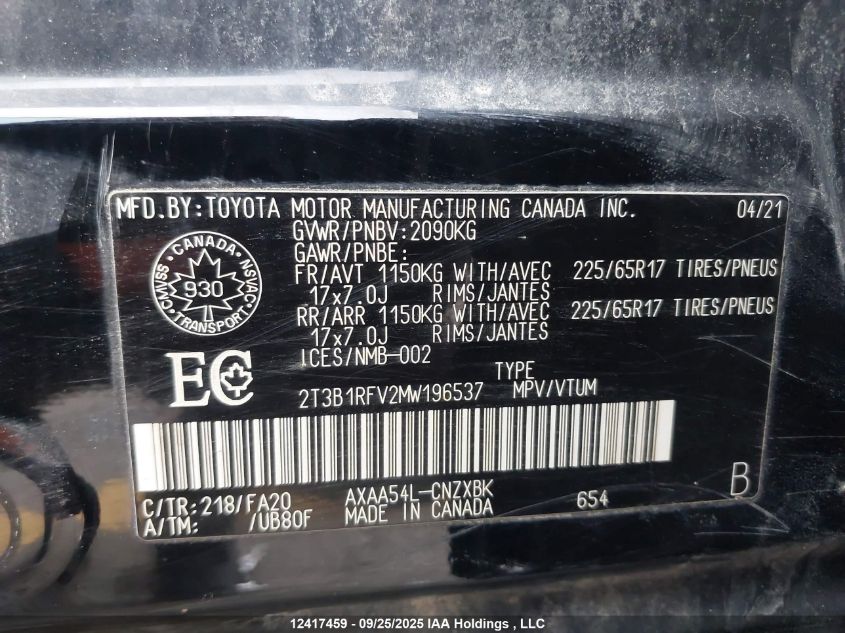 2021 Toyota Rav4 Le VIN: 2T3B1RFV2MW196537 Lot: 12417459