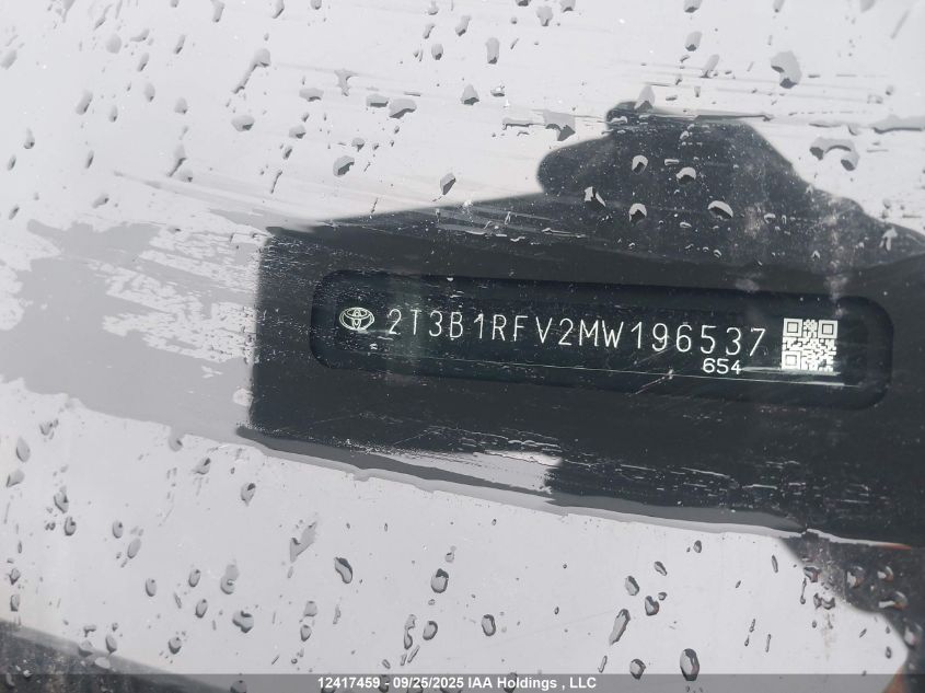 2021 Toyota Rav4 Le VIN: 2T3B1RFV2MW196537 Lot: 12417459