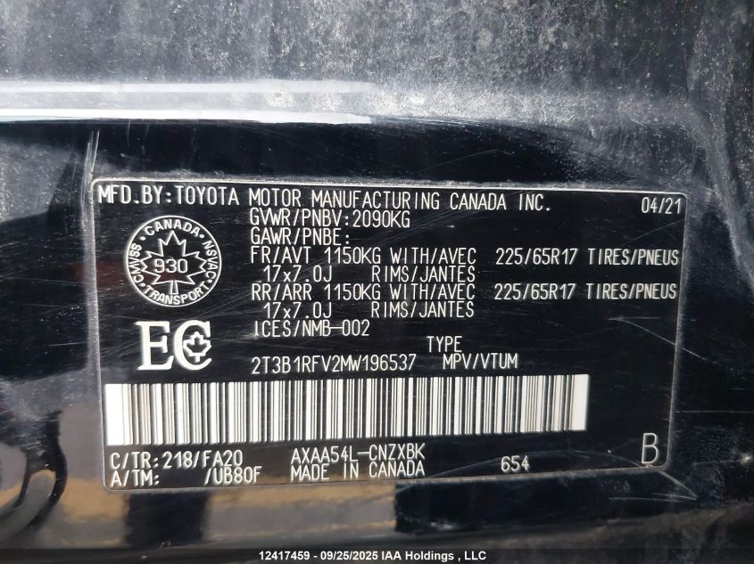 2021 Toyota Rav4 Le VIN: 2T3B1RFV2MW196537 Lot: 12417459