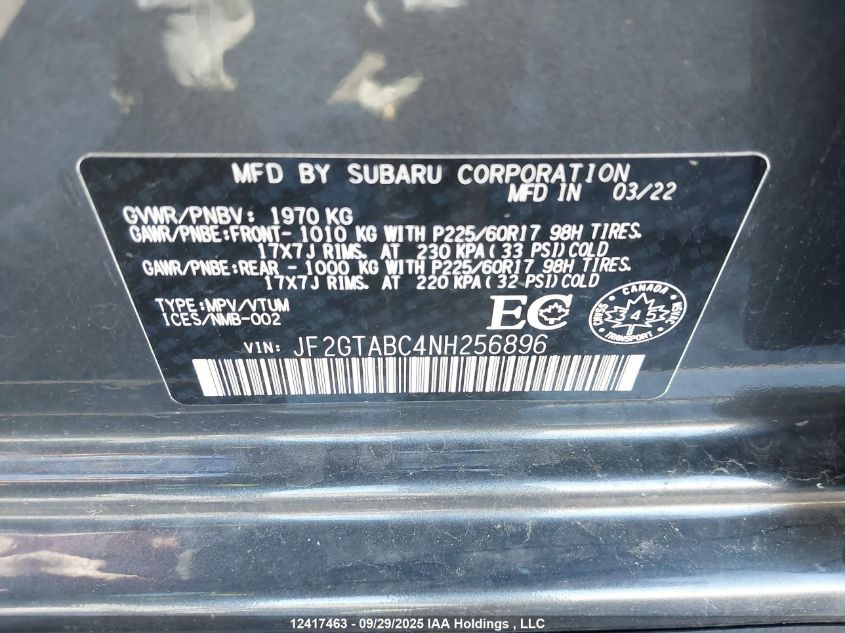 2022 Subaru Crosstrek VIN: JF2GTABC4NH256896 Lot: 12417463