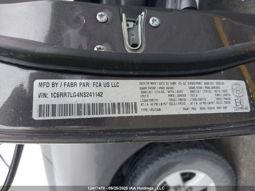 2022 Ram 1500 Classic Slt VIN: 1C6RR7LG4NS241142 Lot: 12417470