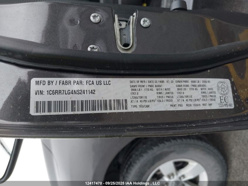 2022 Ram 1500 Classic Slt VIN: 1C6RR7LG4NS241142 Lot: 12417470