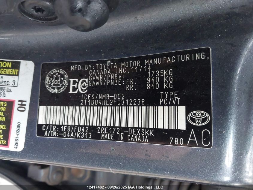 2015 Toyota Corolla L/Le/Le Pls/Prm/S/S Pls VIN: 2T1BURHE2FC312238 Lot: 12417482