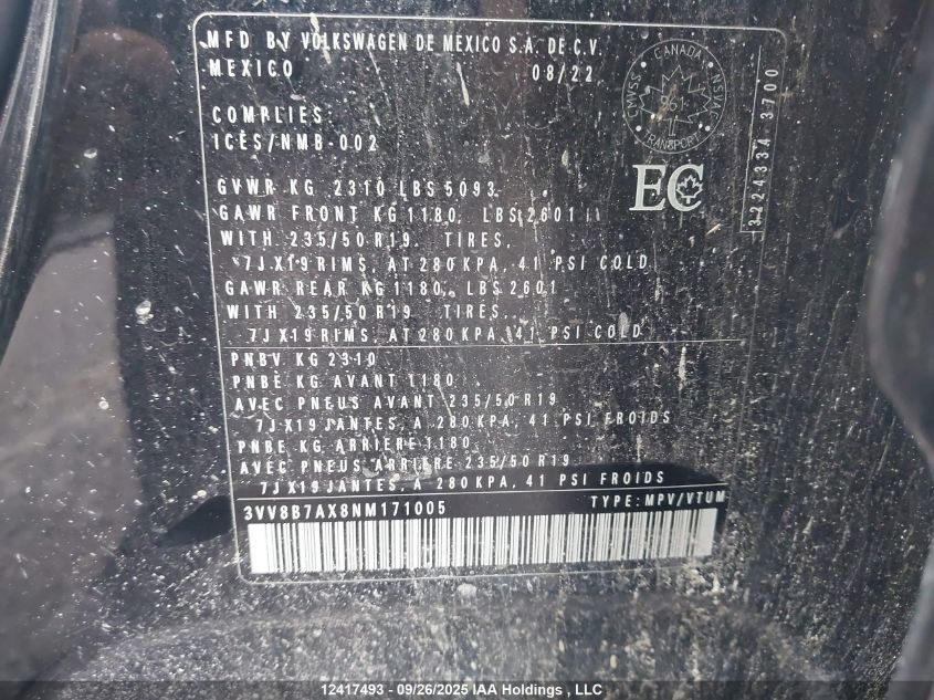 2022 Volkswagen Tiguan Se R-Line Black VIN: 3VV8B7AX8NM171005 Lot: 12417493