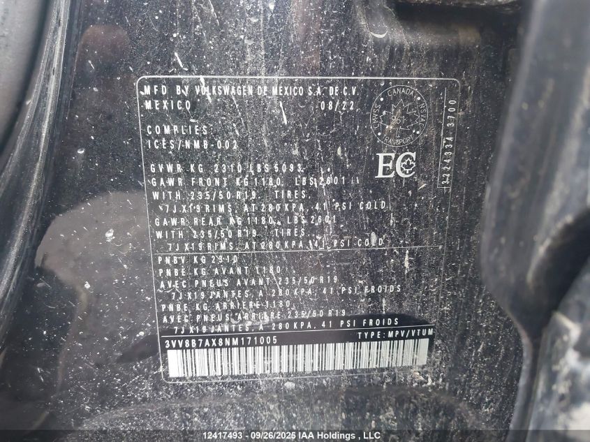 2022 Volkswagen Tiguan Se R-Line Black VIN: 3VV8B7AX8NM171005 Lot: 12417493