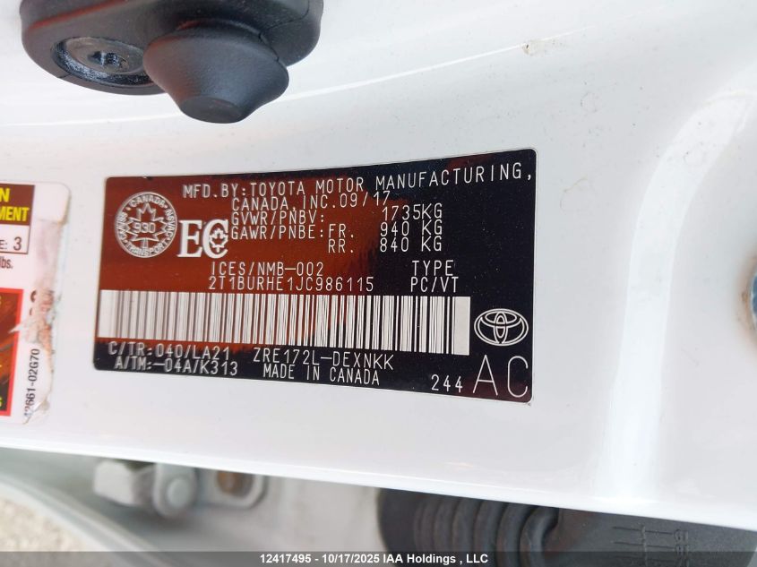 2018 Toyota Corolla VIN: 2T1BURHE1JC986115 Lot: 12417495