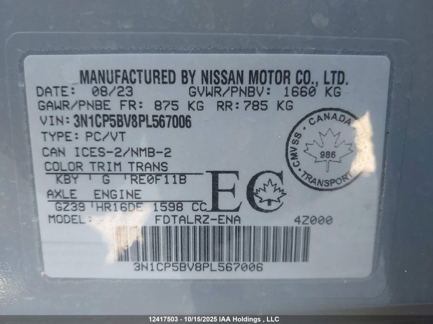 2023 Nissan Kicks S VIN: 3N1CP5BV8PL567006 Lot: 12417503