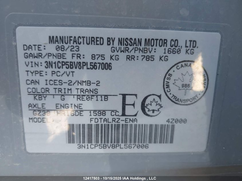 2023 Nissan Kicks S VIN: 3N1CP5BV8PL567006 Lot: 12417503