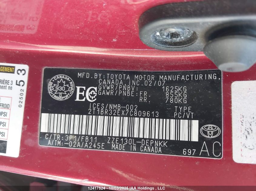 2007 Toyota Corolla VIN: 2T1BR32EX7C809613 Lot: 12417524