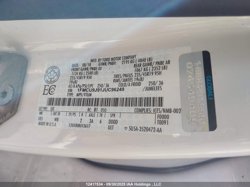 1FMCU9J91JUC96249 2018 FORD ESCAPE photo no. 9