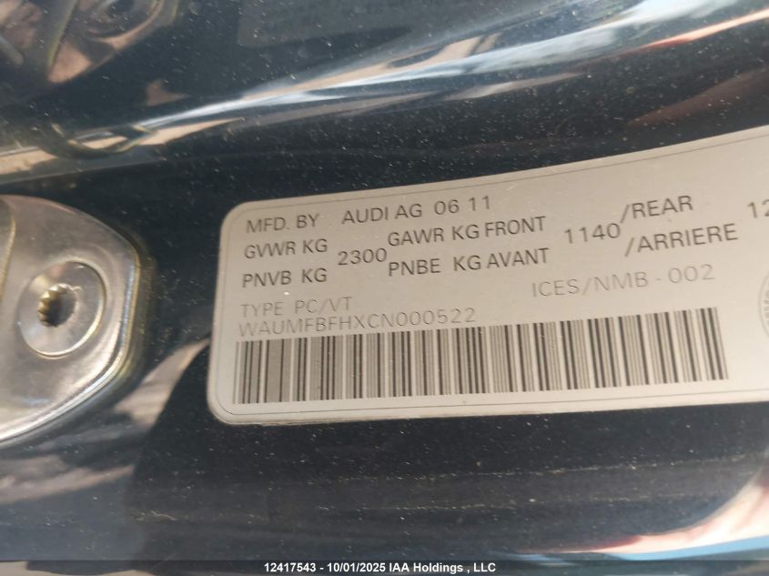 2012 Audi A5 Premium VIN: WAUMFBFHXCN000522 Lot: 12417543