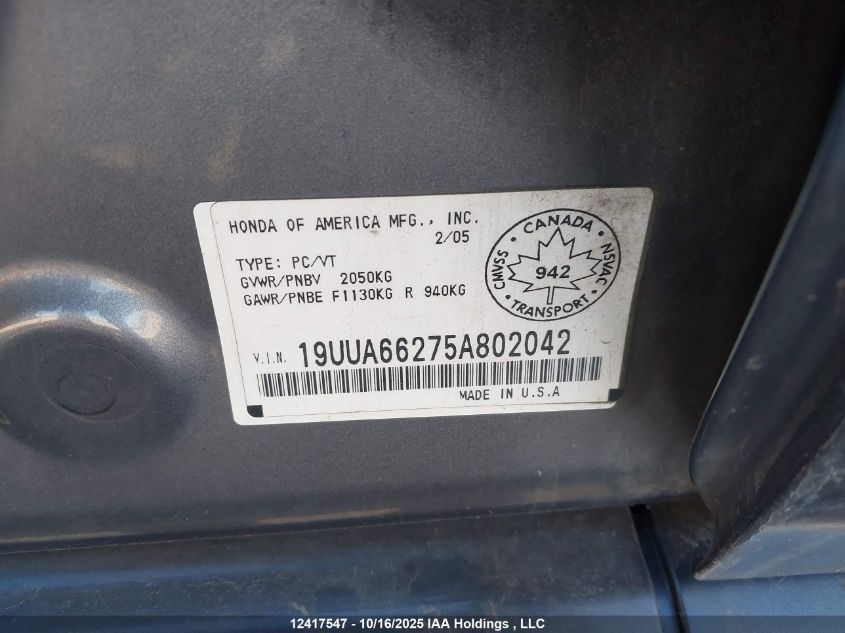 2005 Acura Tl VIN: 19UUA66275A802042 Lot: 12417547