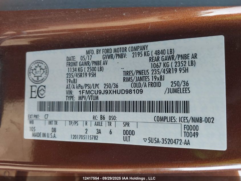 2017 Ford Escape Titanium VIN: 1FMCU9J9XHUD98109 Lot: 12417554