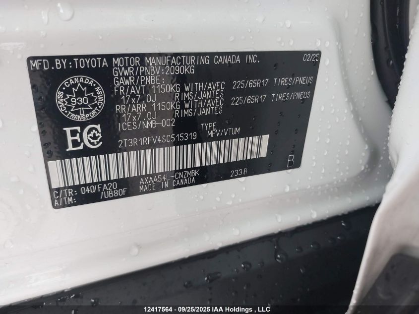 2025 Toyota Rav4 Xle VIN: 2T3R1RFV4SC515319 Lot: 12417564