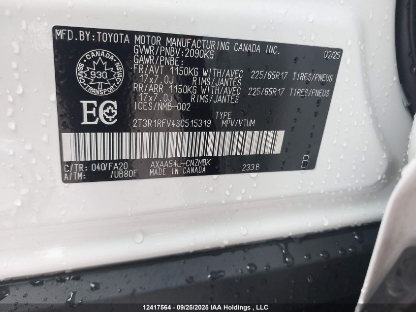 2025 Toyota Rav4 Xle VIN: 2T3R1RFV4SC515319 Lot: 12417564