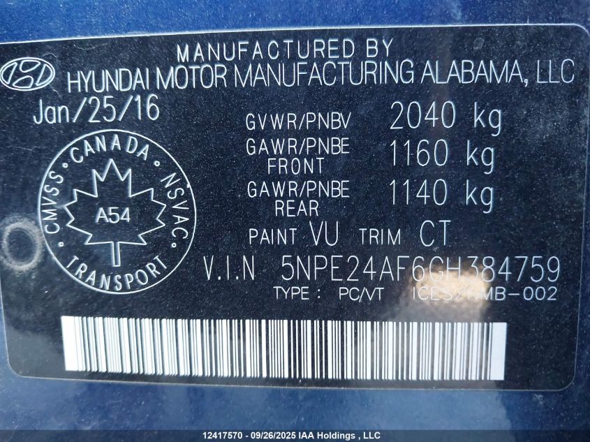 2016 Hyundai Sonata Gl VIN: 5NPE24AF6GH384759 Lot: 12417570