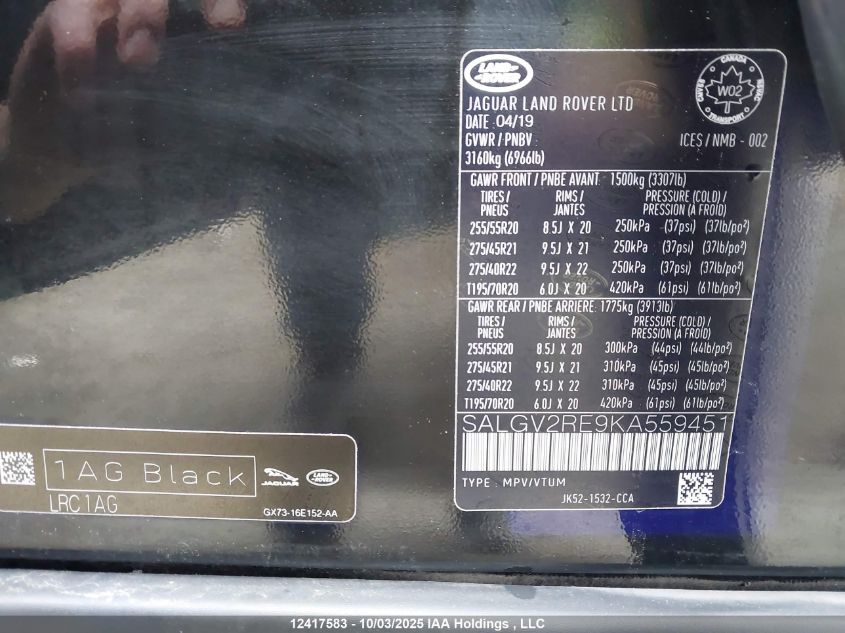 2019 Land Rover Range Rover 5.0L V8 Supercharged Autobiography VIN: SALGV2RE9KA559451 Lot: 12417583