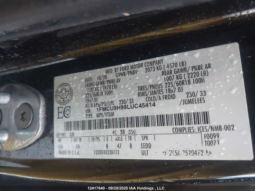 1FMCU9H99LUC45414 2020 FORD ESCAPE photo no. 9