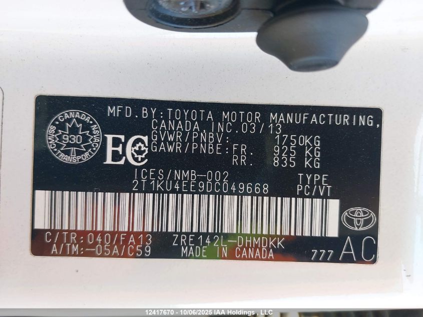 2013 Toyota Matrix VIN: 2T1KU4EE9DC049668 Lot: 12417670