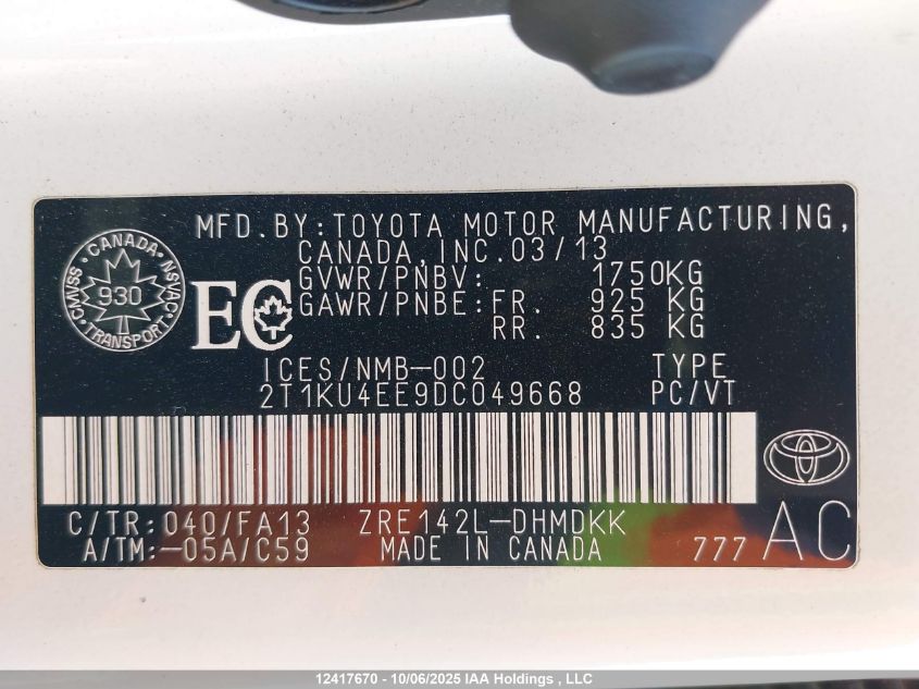 2013 Toyota Matrix VIN: 2T1KU4EE9DC049668 Lot: 12417670