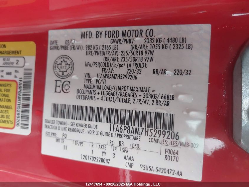 2017 Ford Mustang V6 VIN: 1FA6P8AM7H5299206 Lot: 12417694