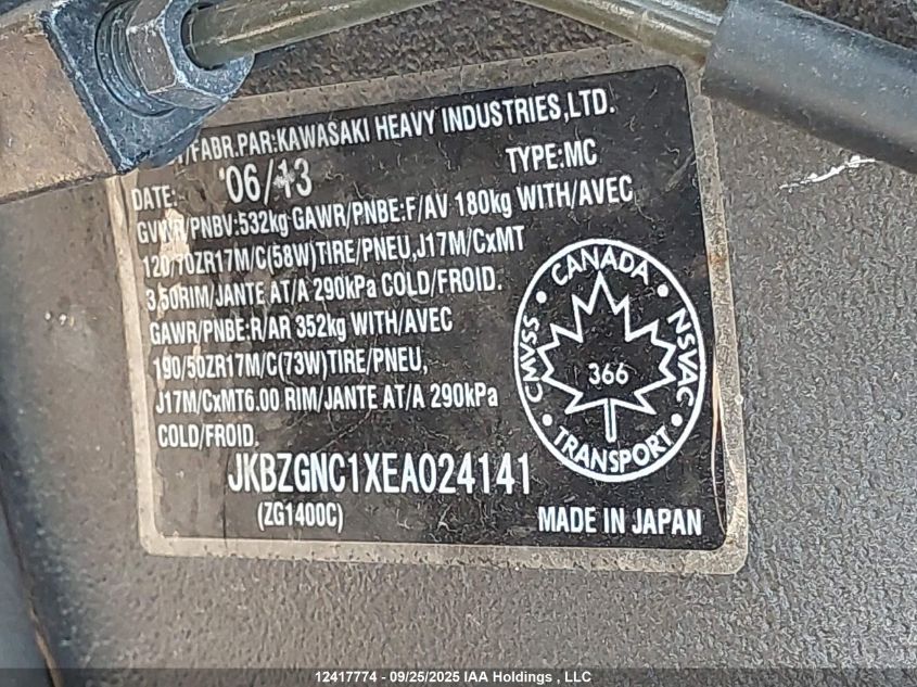 2014 Kawasaki Zg1400 C VIN: JKBZGNC1XEA024141 Lot: 12417774