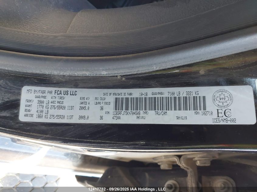 2019 Ram 1500 Laramie VIN: 1C6SRFJT5KN704508 Lot: 12417782