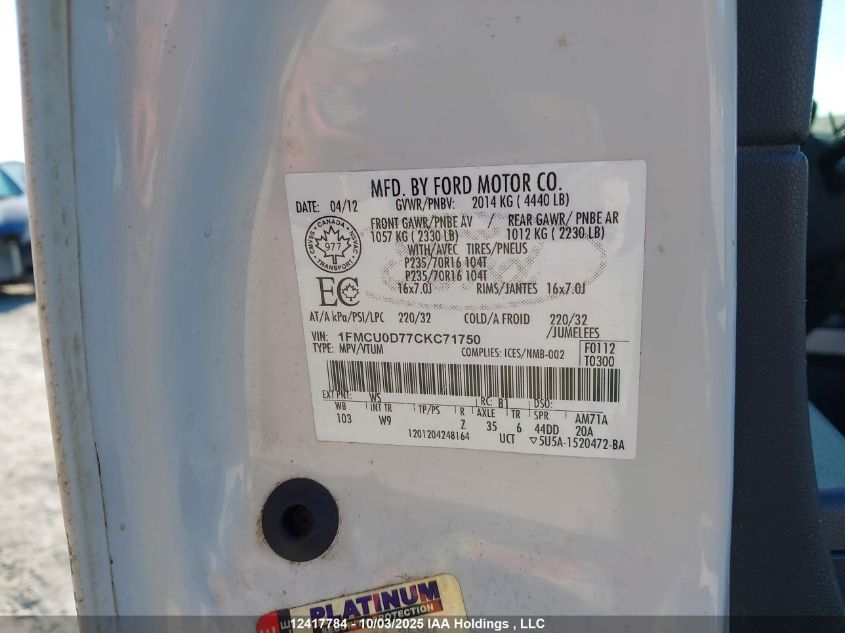 2012 Ford Escape Xlt VIN: 1FMCU0D77CKC71750 Lot: 12417784