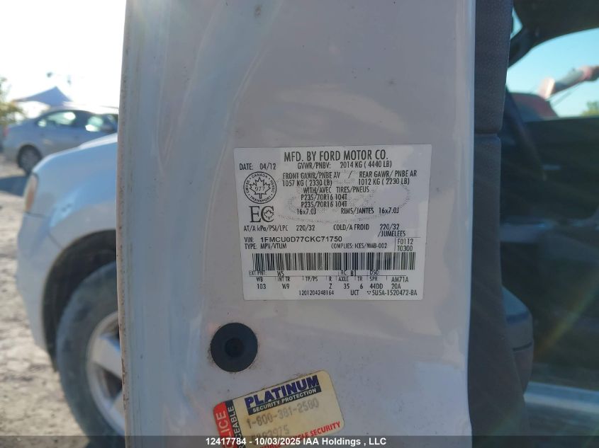 2012 Ford Escape Xlt VIN: 1FMCU0D77CKC71750 Lot: 12417784