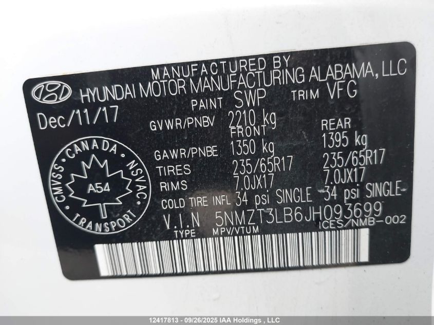 2018 Hyundai Santa Fe VIN: 5NMZT3LB6JH093699 Lot: 12417813