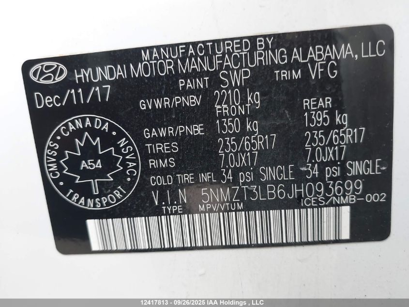 2018 Hyundai Santa Fe VIN: 5NMZT3LB6JH093699 Lot: 12417813