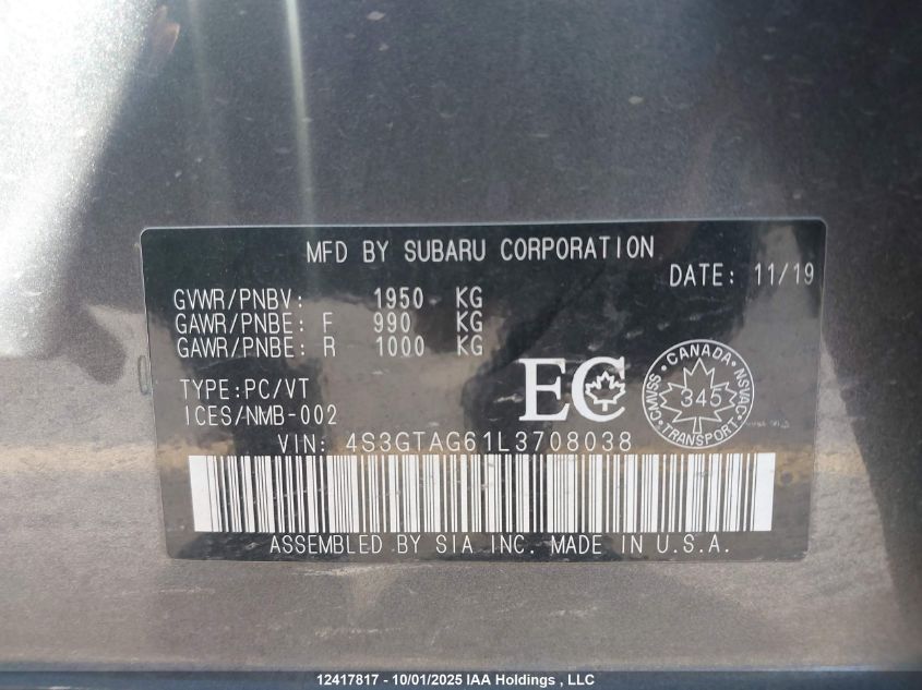 2020 Subaru Impreza VIN: 4S3GTAG61L3708038 Lot: 12417817