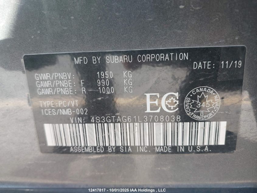 2020 Subaru Impreza VIN: 4S3GTAG61L3708038 Lot: 12417817