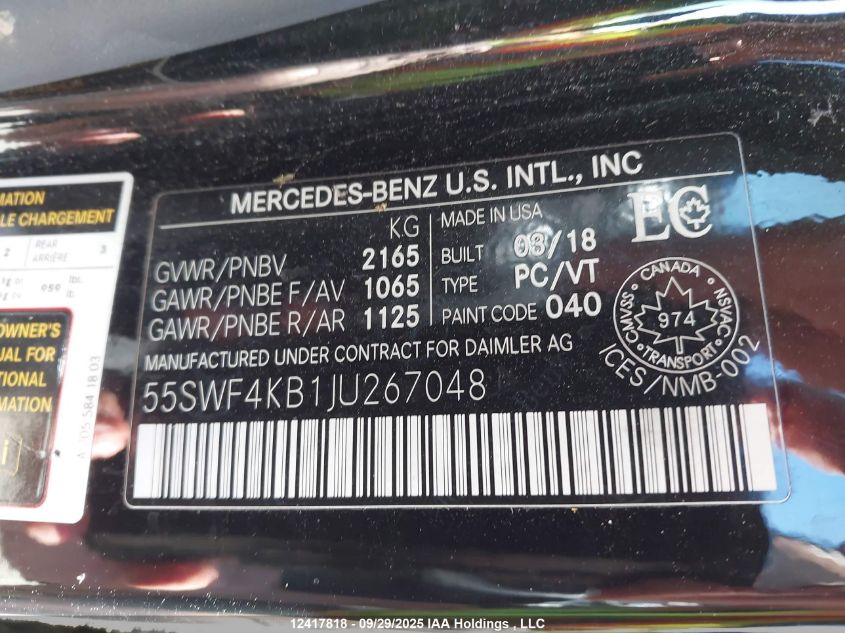 2018 Mercedes-Benz C 300 4Matic VIN: 55SWF4KB1JU267048 Lot: 12417818