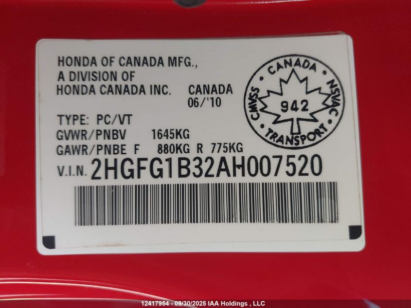2010 Honda Civic VIN: 2HGFG1B32AH007520 Lot: 12417954