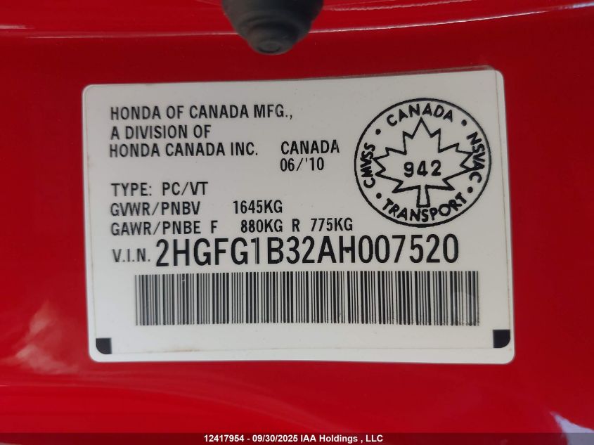 2010 Honda Civic VIN: 2HGFG1B32AH007520 Lot: 12417954