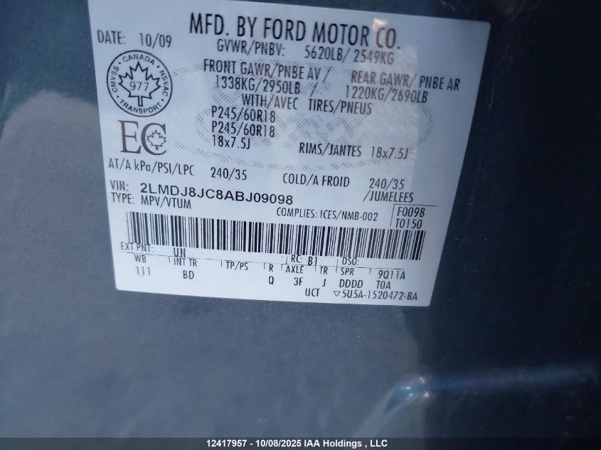 2010 Lincoln Mkx VIN: 2LMDJ8JC8ABJ09098 Lot: 12417957