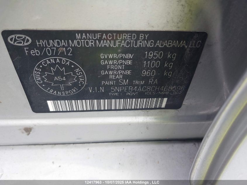 2012 Hyundai Sonata Gls VIN: 5NPEB4AC8CH468596 Lot: 12417963