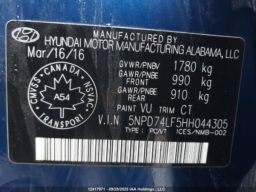2017 Hyundai Elantra Se VIN: 5NPD74LF5HH044305 Lot: 12417971