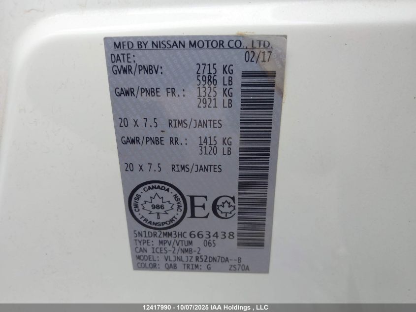 2017 Nissan Pathfinder Platinum/S/Sl/Sv VIN: 5N1DR2MM3HC663438 Lot: 12417990